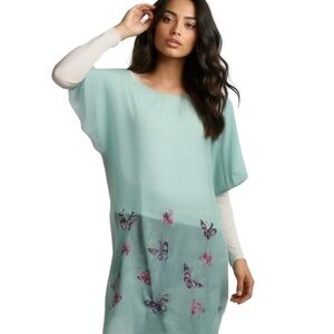 Mint Green Polyester Butterfly Patterned Tunic With Flowy Sleeves One Size